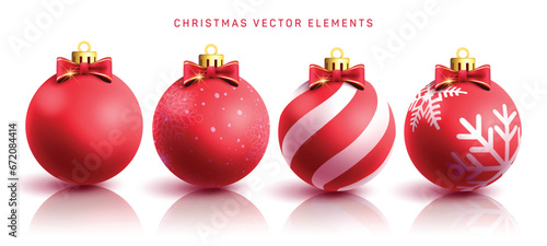 Christmas red balls vector set design. Christmas red ball ornament with elegant shiny and glitter for xmas season decoration. Vector illustration sphere elegant elements collection.
