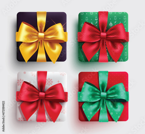 Christmas gifts box vector set design. Gift box in velvet and suede collection with elegant ribbon and lasso for christmas and new year party celebration elements. Vector illustration gifts boxes 