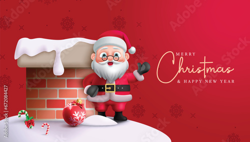Merry christmas text santa claus character vector design. Christmas santa claus in chimney roof top concept for holiday season greeting card. Vector illustration christmas and new year invitation back