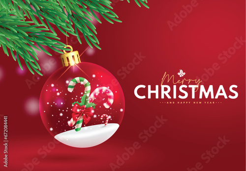 Christmas ball crystal vector design. Merry christmas greeting text with xmas ball glass bauble sphere hanging in red background. Vector illustration season holiday invitation card.

