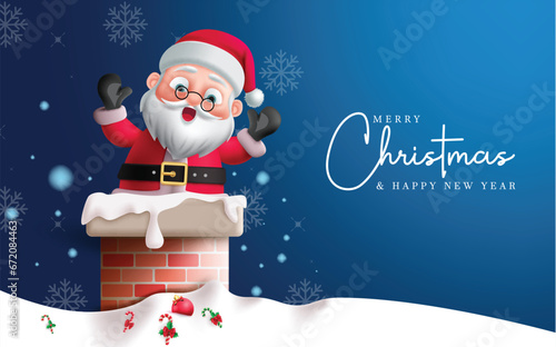 Christmas santa claus characters vector design. Merry christmas greeting card with santa claus character in roof top chimney concept for winter season background. Vector illustration holiday 