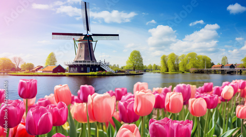 Traditional Dutch windmills along a canal