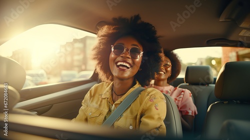 Youthful african lady driving the car with her companions having fun within the car. Insane youthful female companions having parcels of fun on street trip photo