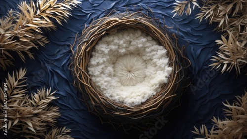 Cane nest with white cream fur digital backdrop for newborn with blue background