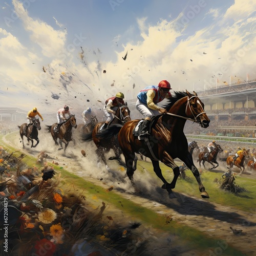 Photo watercolor sports art horse racing suitable for wall painting. Generative AI