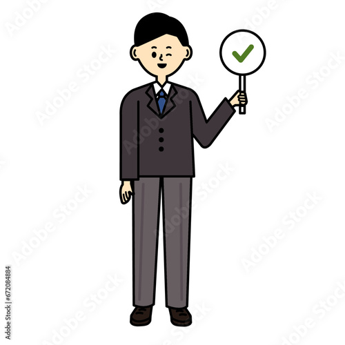 ビジネスパーソン　仕事　男性　スーツ　チェック　全身　イラスト	
