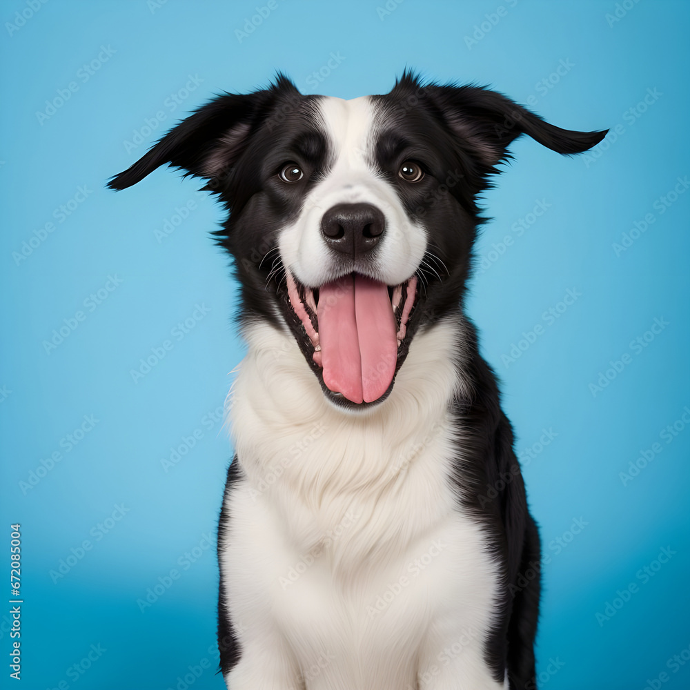 Close-up of a Crossbreed dog in front of a blue background. A happy black and white Terrier mixed breed dog looking up at the camera.