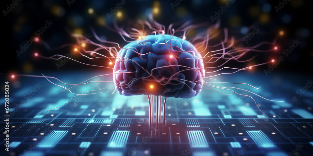 Neural circuit and electronic cyber brain in a quantum computing system, artificial intelligence technology, biotechnology and machine learning concept - obrazy, fototapety, plakaty 