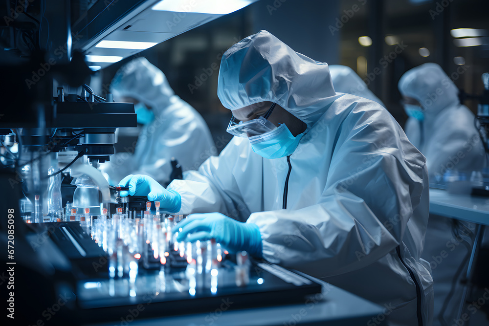 Scientist with mask examine samples under a microscope. Scientist with mask examine samples under a microscope.