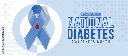 November is national diabetes awareness month - Blue ribbon with red drop of blood awareness sign on half white and soft blue circle ring background vector design