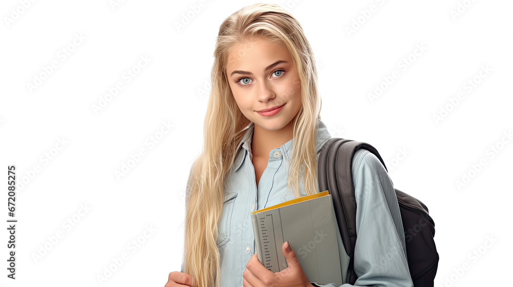 Smiling active excellent best student schoolgirl holding books and copybooks going to school and bag isolated in white background Smiling active excellent best student schoolgirl holding books and copybooks going to school and bag isolated in white background