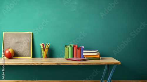 Back to school conception, table with objects, blue blackboard
