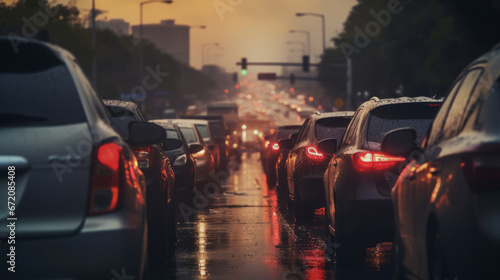 Back view of traffic jam with lot of cars on the road © standret