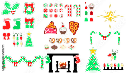 An illustrated collection of Christmas holiday themed items and foods.