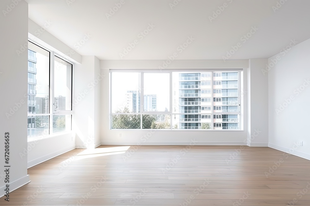 Empty modern room with white walls and large windows Minimalist interior design in a luxury apartment The space is clean and contemporary by Generative AI Empty modern room with white walls and large windows Minimalist interior design in a luxury apartment The space is clean and contemporary by Generative AI
