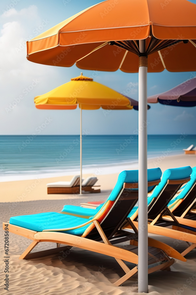 Sunbeds in a row on the beach, summer mood,generated by Ai Sunbeds in a row on the beach, summer mood,generated by Ai