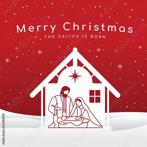 Merry Christmas, the savior is born - white the nativity with mary and joseph in a manger with baby Jesus in a barn on snow floor and snow falling and red background vector design