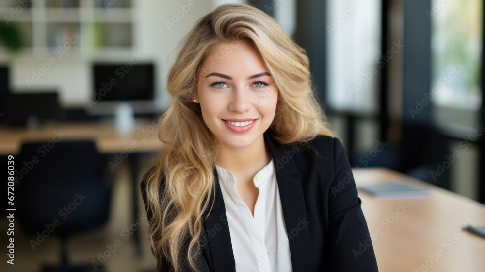 Beautiful blonde businesswoman is in the office Beautiful blonde businesswoman is in the office