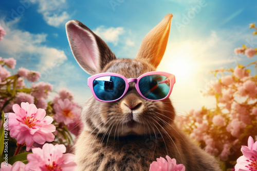 Beautiful bunny in sunglasses outdoors