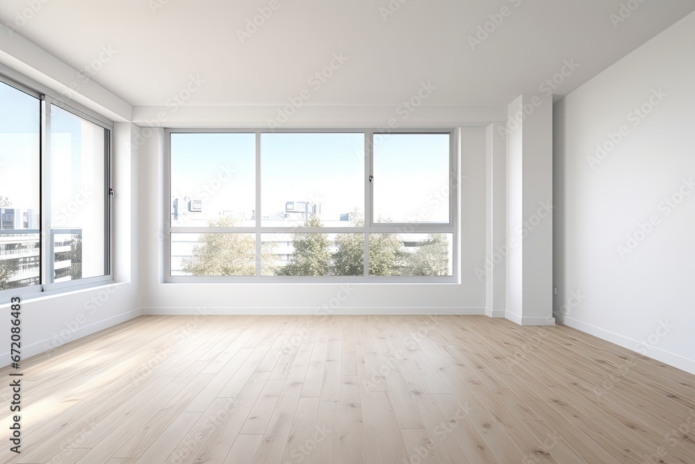 Fototapeta premium Empty modern room with white walls and large windows Minimalist interior design in a luxury apartment The space is clean and contemporary by Generative AI