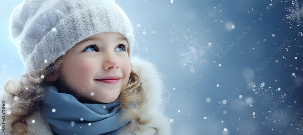 banner of beautiful cute child on the falling snow background banner of beautiful cute child on the falling snow background