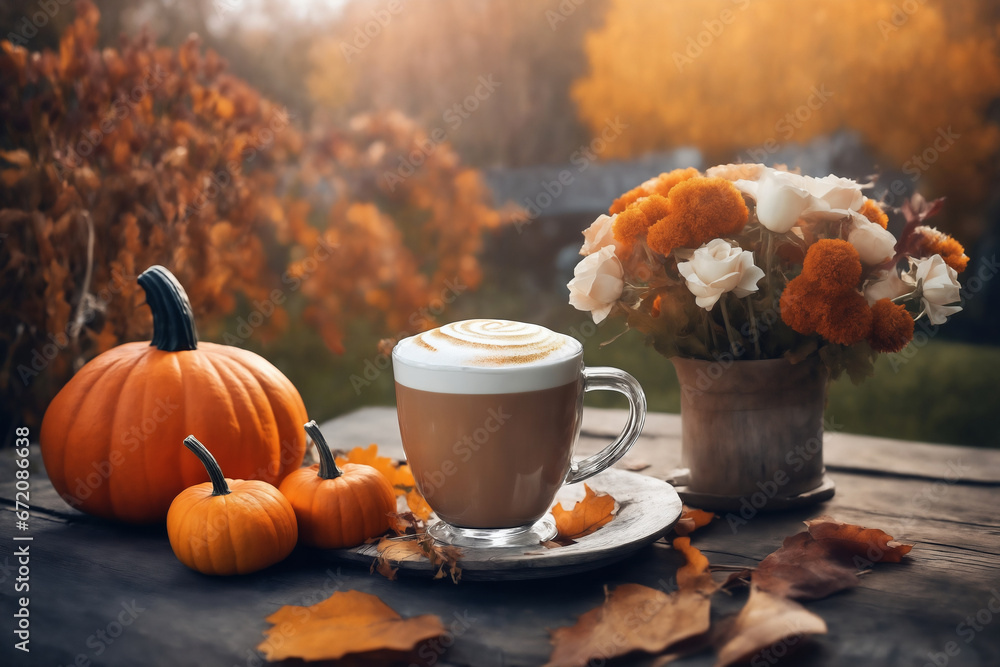still life of a cup of hot latte and pumpkins on an old wooden table against the background of beautiful autumn nature at sunset, decoration for Halloween still life of a cup of hot latte and pumpkins on an old wooden table against the background of beautiful autumn nature at sunset, decoration for Halloween