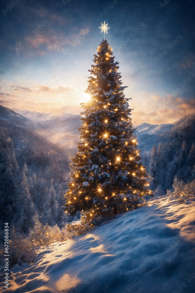 Christmas tree in a winter forest, decorated with garlands and lights, snow covered mountains, beautiful nature at sunset Christmas tree in a winter forest, decorated with garlands and lights, snow covered mountains, beautiful nature at sunset