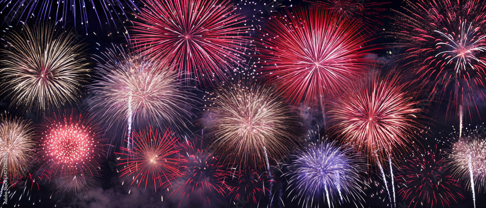 Naklejka premium fireworks in night sky, holiday background, bright colorful lights