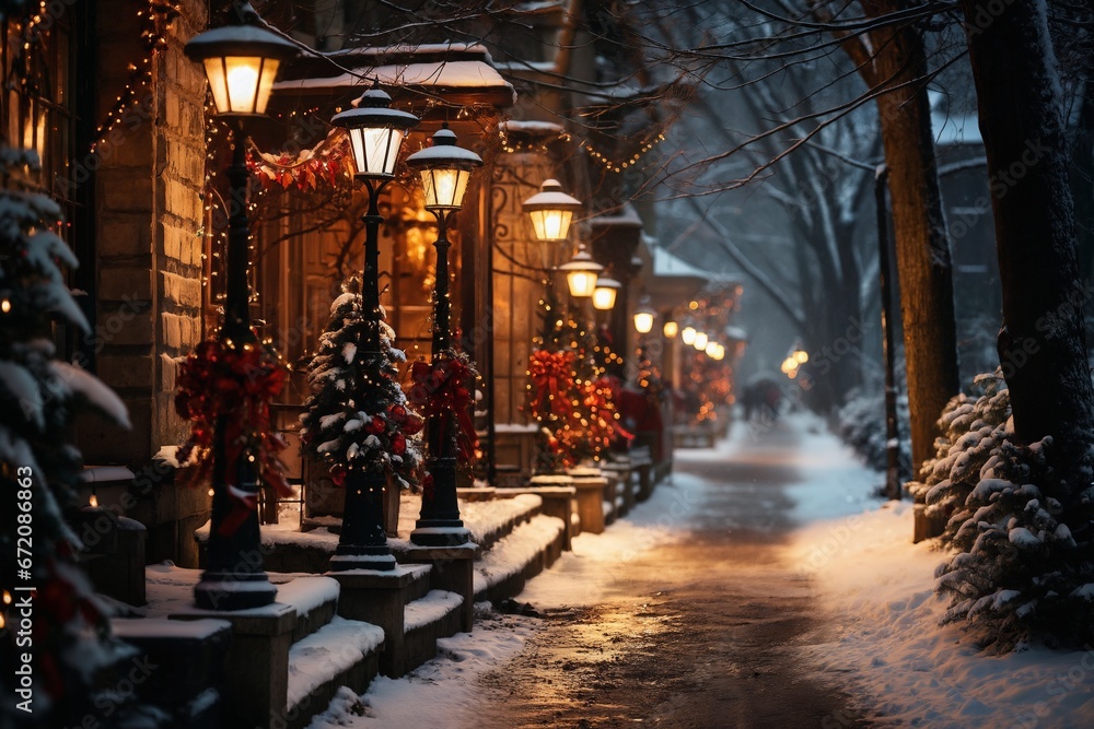 city street in winter, exteriors of houses decorated for Christmas or New Year's holiday, snow, street lights, festive environment