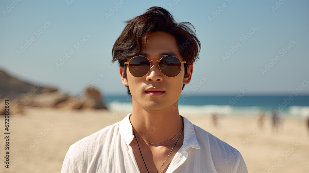 Happy beautiful young asian man beach side Happy beautiful young asian man beach side