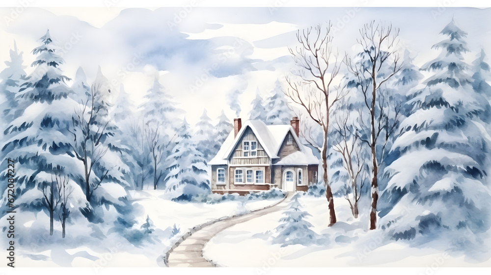 watercolour illustration of house in the winter wood watercolour illustration of house in the winter wood