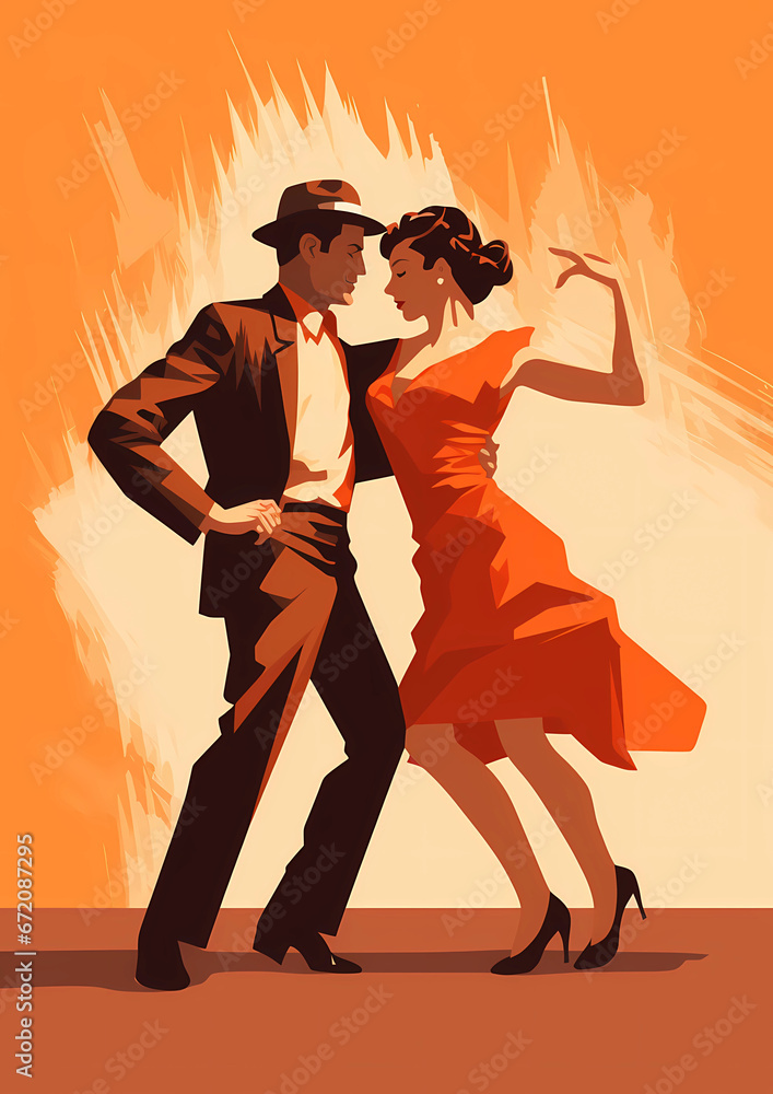 beautiful artistic illustration of a couple dancing lindy hop, swing dance, orange colors