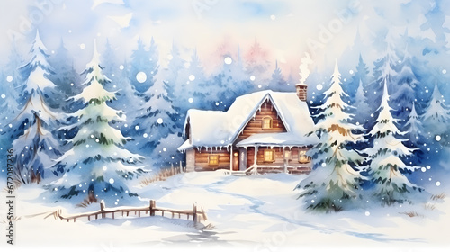 watercolour illustration of house in the winter wood © Kateryna Kordubailo