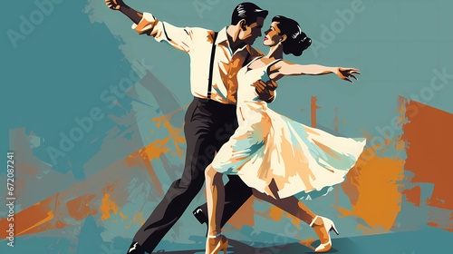 beautiful artistic illustration of a couple dancing lindy hop, swing dance, blue colors photo