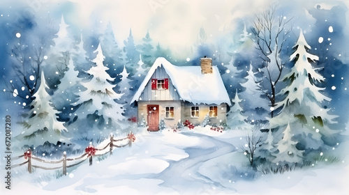 watercolour illustration of house in the winter wood © Kateryna Kordubailo