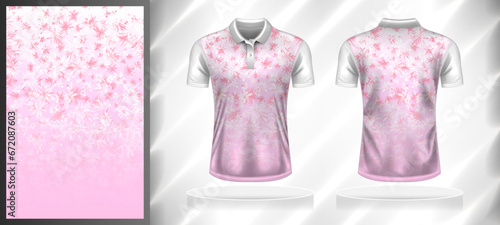 Vector sport pattern design template for Polo T-shirt front and back with short sleeve view mockup. Shades of pink-white color gradient abstract grunge texture background illustration.