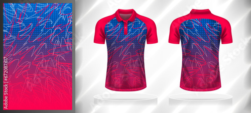 Vector sport pattern design template for Polo T-shirt front and back with short sleeve view mockup. Shades of pink-blue-white color gradient abstract line texture background illustration.