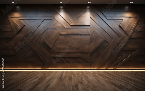 Geometric wood wall decoration illuminated by soft ambient light, creating a visually appealing and modern background.