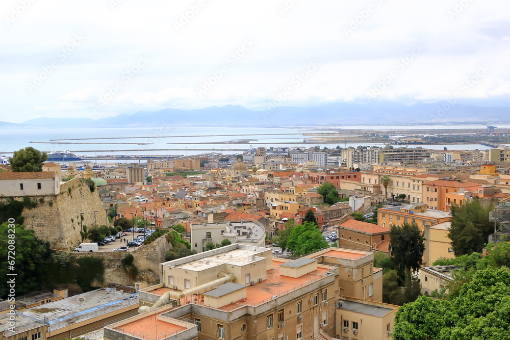 Panoramic view over the city of Cagliari, capital of Sardinia, Italy; view from Belvedere de la Cittadella