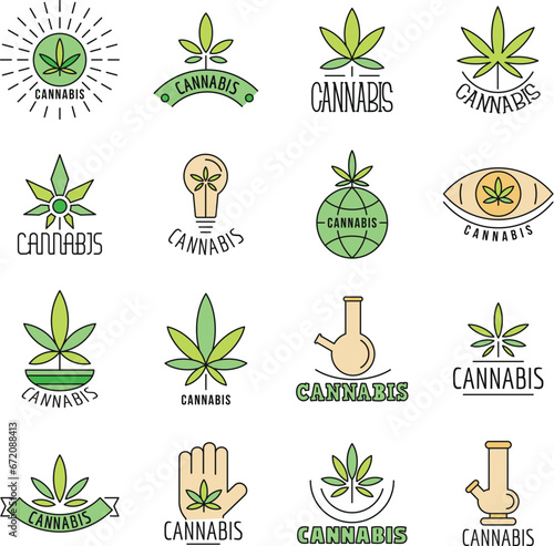 Cannabis logo set. Outline set of cannabis vector logo thin line color flat on white