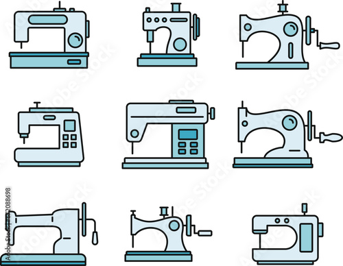 Fabric sew machine icon set. Outline set of fabric sew machine vector icons thin line color flat on white
