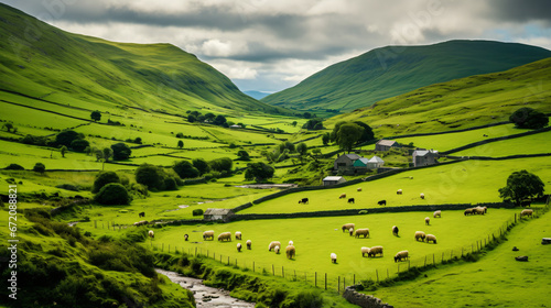  Lush green fields of a valley in the countryside.