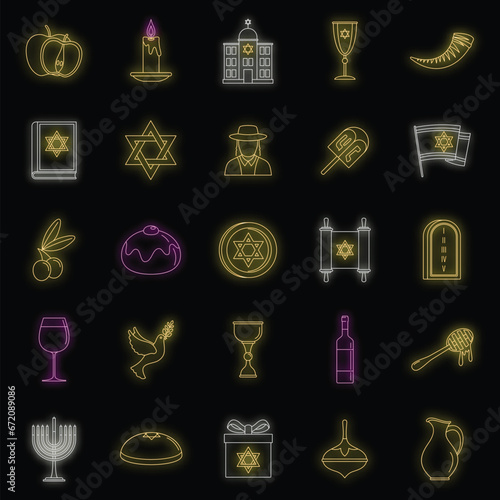Hanukkah holiday icon set. Outline set of hanukkah holiday vector icons neon color on black