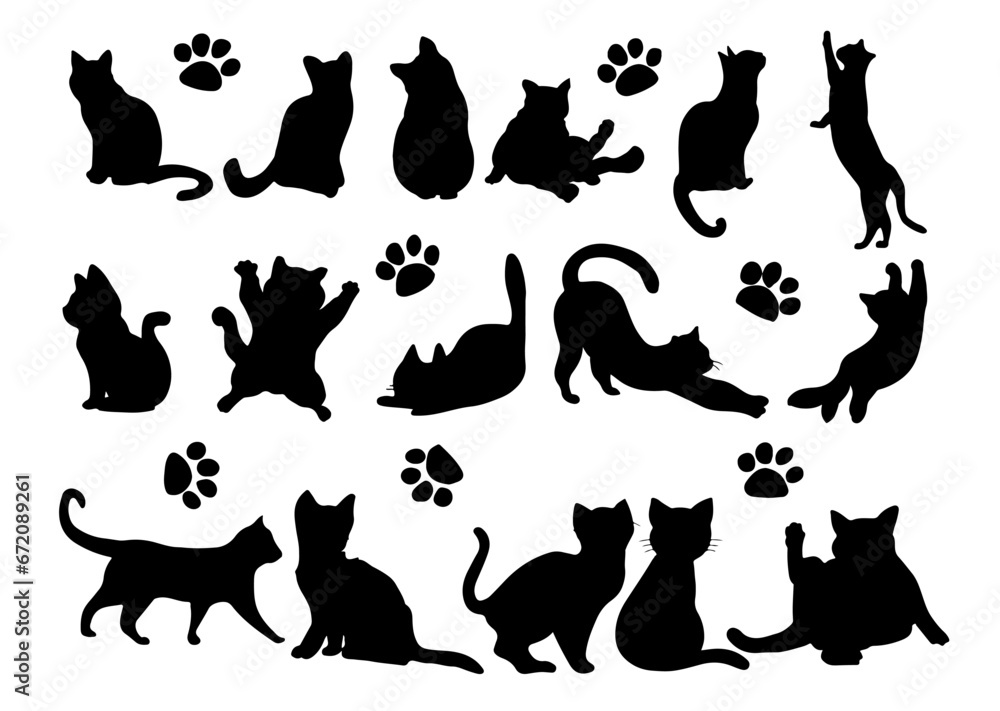 set of hand drawn cats silhouette