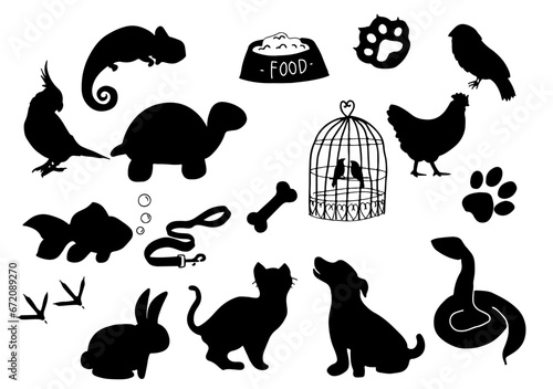 set of hand drawn of pets silhouette
