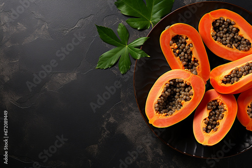 Generative AI Image of Papayas Fruit Slices in Plate with Blank Space on Dark Background