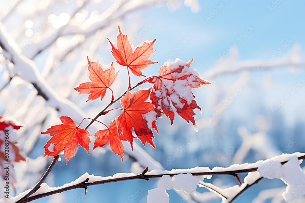 red maple leaves with snowy branches, light sky-blue background red maple leaves with snowy branches, light sky-blue background