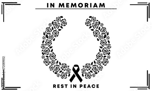Black Respect ribbon and black rose round on white background Banner. Rest in Peace Funeral Vector Illustration. photo
