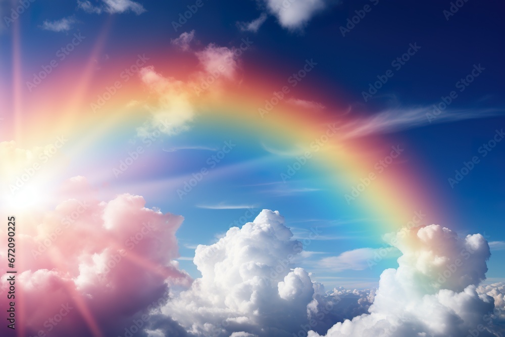 a real rainbow in the sky, with the rainbow bending down a real rainbow in the sky, with the rainbow bending down