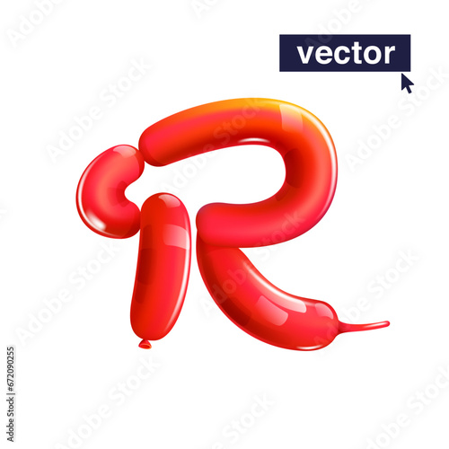 Letter R logo in balloon twisting style. Realistic 3D render sign. Vector icon for Black Friday, Christmas and New Year's Sale. Perfect for happy birthday banner, gift branding, kids cartoon labels.